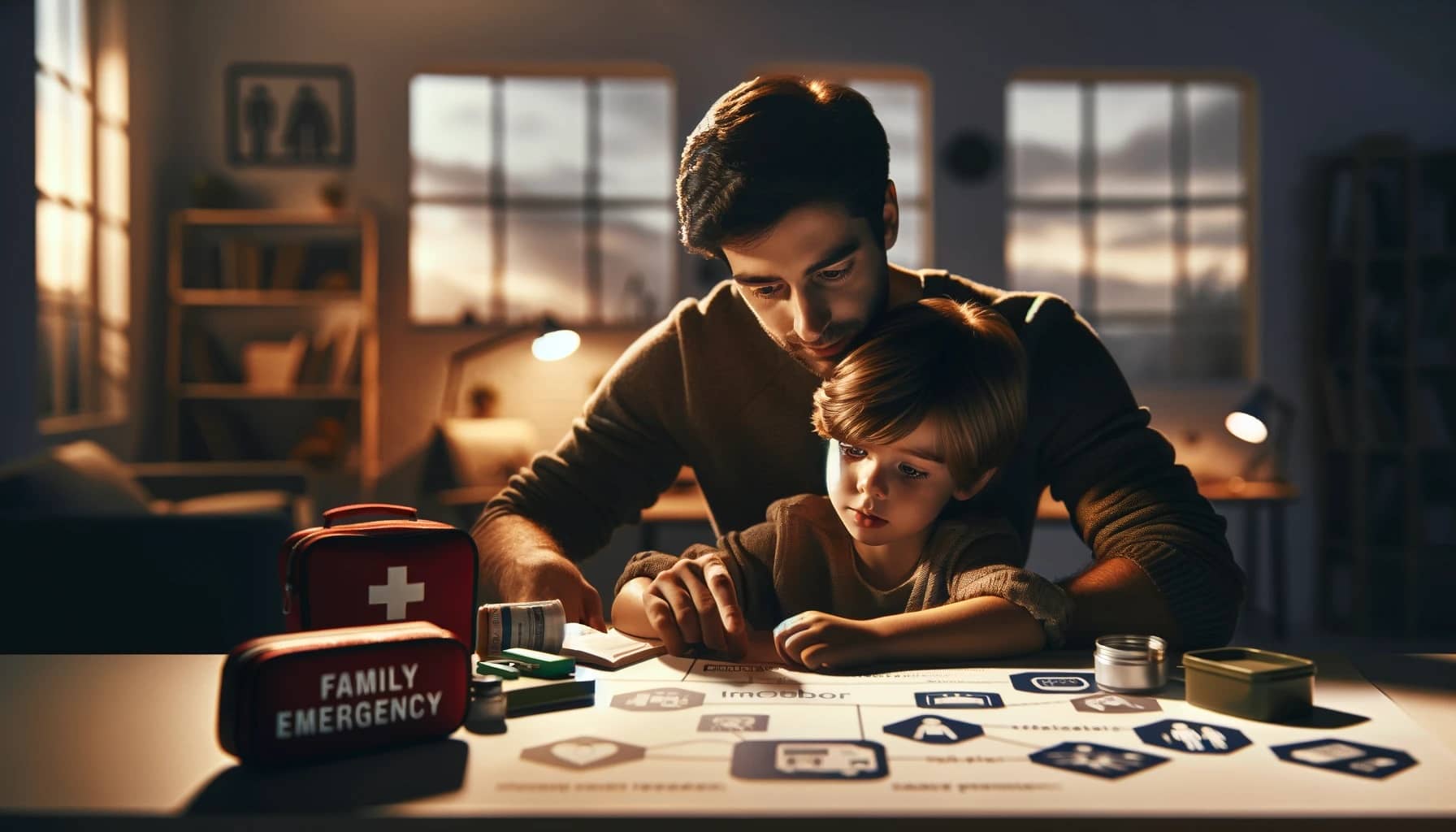 reflecting a compassionate moment of a parent teaching their child about safety strategies has been created, capturing the essence of proactive preparation and the bond of trust and empowerment