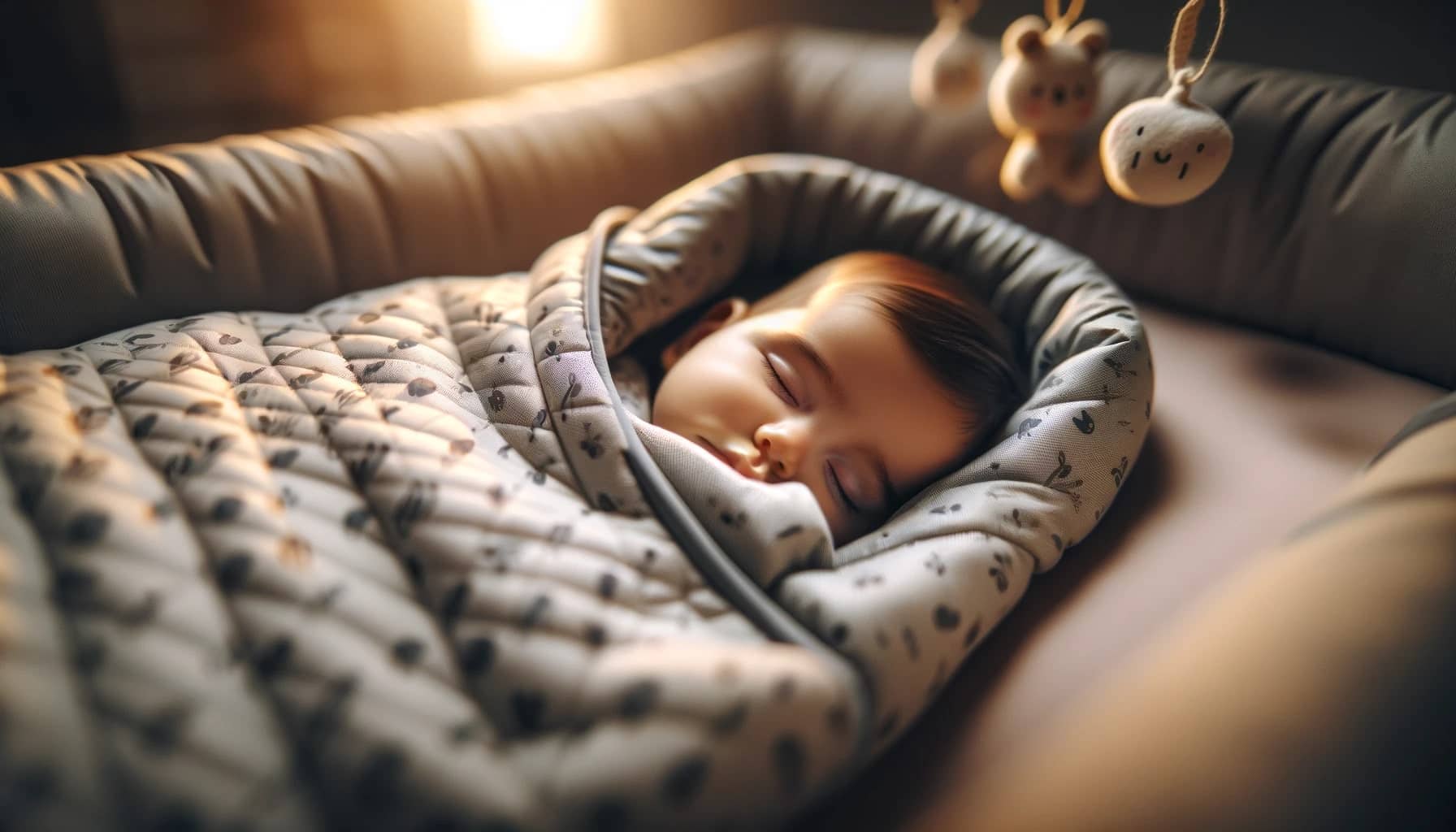 peacefully sleeping baby snugly wrapped in a soft sleeping bag